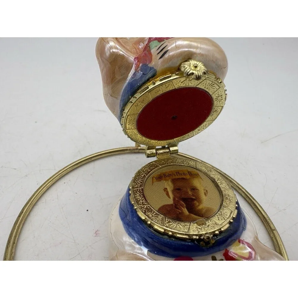 Vintage Teddy Bear Baby Photo Locket Christmas Ornament Ceramic Keepsake